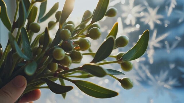Close-up of fresh green mistletoe held against a snowy window with warm sunlight