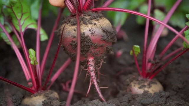 Close-up of vibrant red beetroot growing in fertile soil, showcasing healthy roots and green leaves