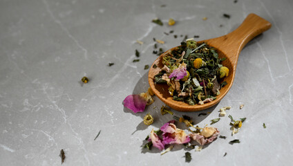 Spoonful of Loose Leaf Chamomile Tea with Spearmint, Rose Petals and Other Herbs