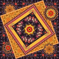 Unusual pattern for fabric, shawl, carpet with mandalas, complex floral ornament, paisley, peacocks, bouquets of roses. Indian, gypsy motifs.