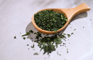 Close up of Tencha Mimoto Japanese Tea Leaf