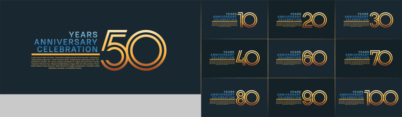 Anniversary logo set with double line number style. gold and blue color can be use for special moment