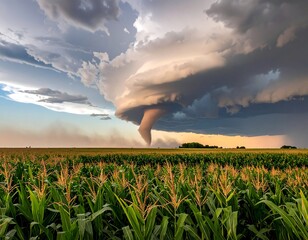 A large tornado forms over a field of corn under a stormy sky