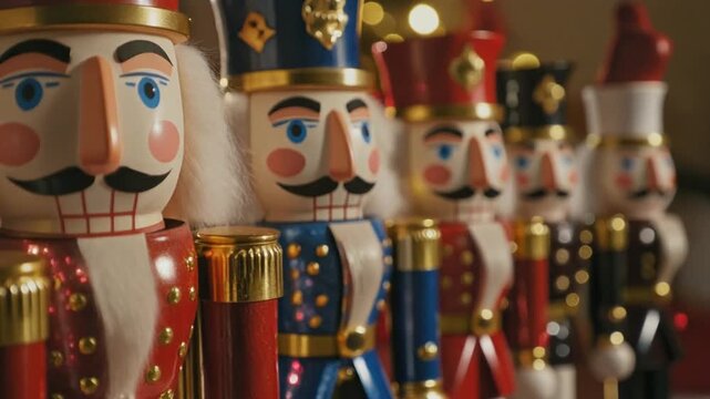 Row of classic nutcracker figures dressed in festive uniforms and hats, traditional holiday decorations