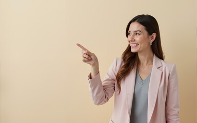 Smiling woman pointing with finger at copy space. High quality