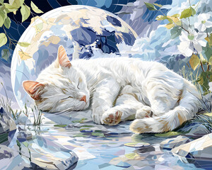 dreamy moon cat silhouette wallpaper Sleeping white cat under a serene moonlit sky. aesthetic night sky feline art minimal celestial cat phone background