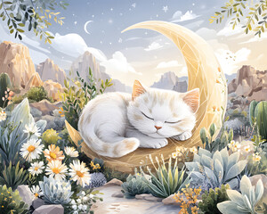 dreamy moon cat silhouette wallpaper Sleepy cat nestled on crescent moon in nature. aesthetic night sky feline art minimal celestial cat phone background