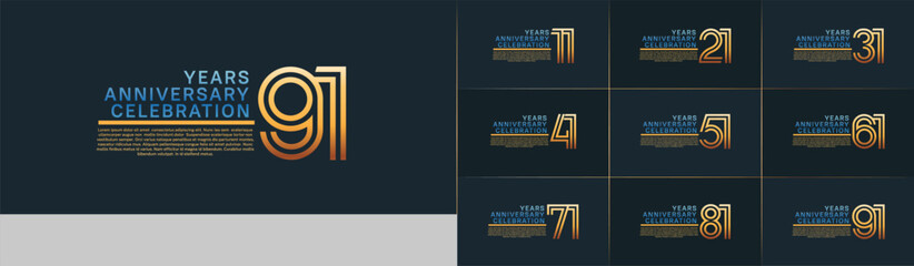 Anniversary logo set with double line number style. gold and blue color can be use for special moment