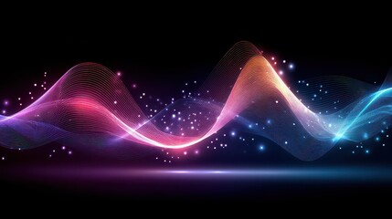 Abstract Glowing Particle Wave In Blue Red Purple And Orange Colors On Black Background With Lens Flare