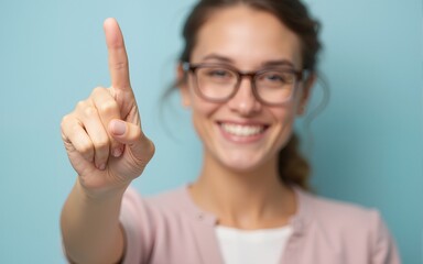 Smiling woman pointing with finger at copy space. High quality