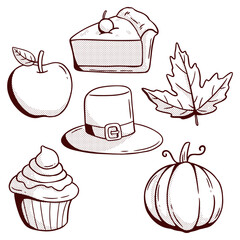 Collection of Thanksgiving Doodle Icons. Perfect for greeting cards, posters, invitations, educational materials, seasonal decorations