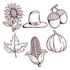 Collection of Thanksgiving Doodle Icons. Perfect for greeting cards, posters, invitations, educational materials, seasonal decorations