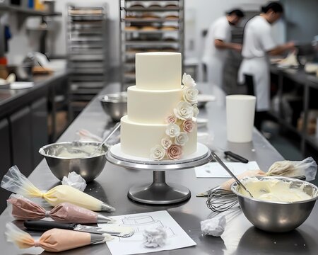 Pastry Chef Decorating Elegant Three-Tier Wedding Cake with Icing Flowers, table in restaurant - Powered by Adobe