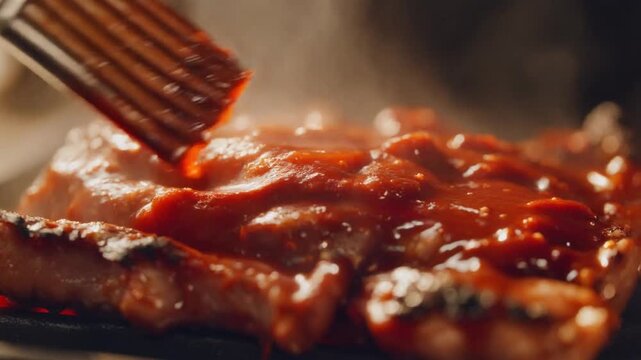 Professional chef basting savory barbecue sauce onto sizzling grilled meat, creating a smoky aroma