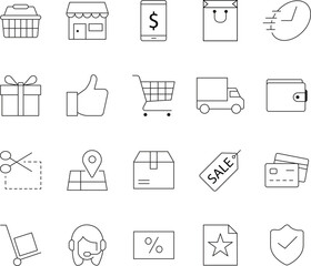 E-commerce and Shopping Line Icons Set. Editable stroke. Delivery, sale, payment, mobile store, cart, and discount outline vector illustrations.