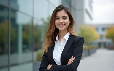 Closeup headshot outdoor portrait of young middle eastern Israel businesswoman standing office building. Successful smiling indian or arabic woman in casual business suit looking at camera outdoors.
