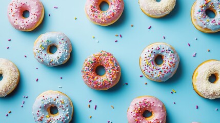 Gravity-defying assortment of frosted donuts with multicolored sprinkles scattered across cerulean blue background, professional product photography, soft diffused lighting emphasizing glaze details