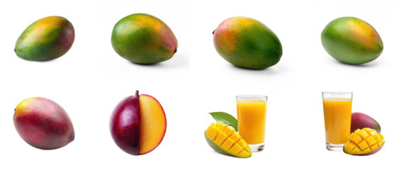 Collection of mango resting on a table, its oval shape and greenish-yellow hue visible. full length isolate on transparent background