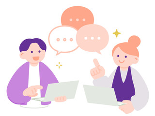 会話しながら作業するビジネスパーソンたち