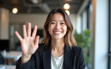 Portrait, video call and happy business woman wave hello in communication, online meeting or greeting in design agency. Welcome, face and professional person on webinar, web conference or networking