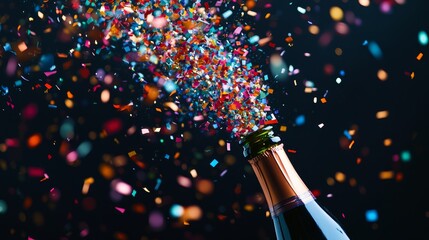 Elegant wine bottle ejecting spectacular rainbow confetti explosion, dynamic motion capture, particles suspended in mid-air, celebratory burst against dark background, high contrast lighting