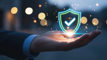 A hand holds a glowing neon shield icon with a checkmark, symbolizing digital security and protection