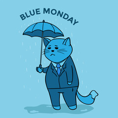 Blue Monday Illustration of a Cat in Office Clothes Holding an Umbrella in the Rain