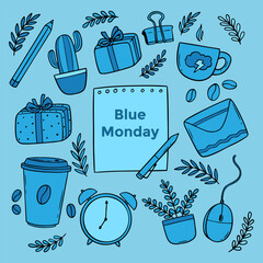 Doodle Illustration of Blue Monday Elements on Blue Background