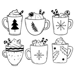Hand-Drawn Collection of Christmas Hot Drinks in Cups and Mugs