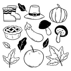 Collection of Thanksgiving Doodle Icons. Perfect for greeting cards, posters, invitations, educational materials, seasonal decorations