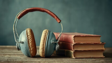 Vintage Headphones Resting Beside Stack Of Old Books On Wooden Surface With Textured Wall Background