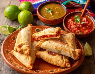 Empanadas and salsas presented on a wooden table, alongside vibrant textiles and fresh limes
