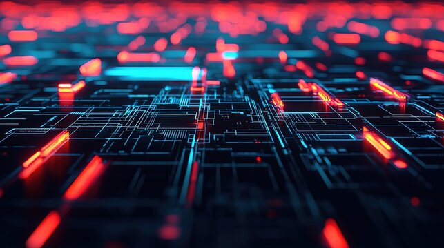 A vibrant, abstract digital landscape featuring glowing lines and nodes in red and blue, representing technology and data networks.