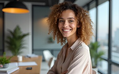 Charming smiling adult woman middle aged with curly hair architect designer manager working in bright modern office. High quality