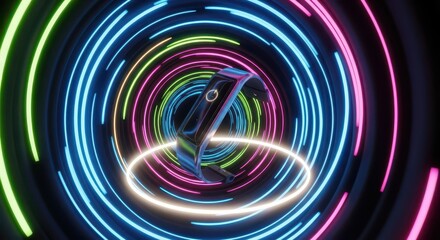 Sleek modern electronic wrist device centers within a mesmerizing tunnel of vibrant neon light rings