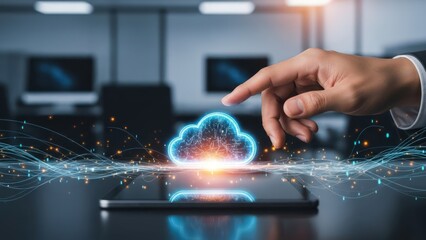 A human hand interacts with a glowing digital cloud icon above a tablet, surrounded by data streams in a modern office