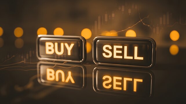 Make smart financial decisions now Buy or Sell stock market concept with reflective golden glow for investments - Powered by Adobe