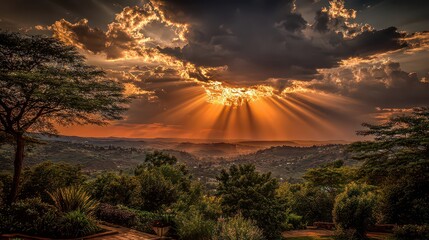 Dramatic Sunset Sky With God Rays Over Distant Cityscape And Silhouetted Trees