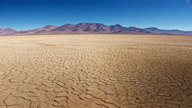 Vast Cracked Earth Landscape Under a Clear Blue Sky with Distant Mountains.