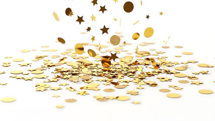 Golden Confetti Shower: A cascade of gold confetti in various shapes rains down, creating a festive spectacle of celebration and joy. The image evokes a sense of abundance, delight.