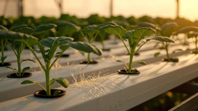 Young seedlings growing in rows inside a greenhouse facility.