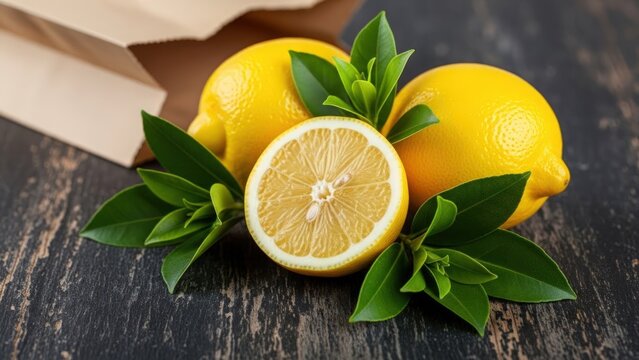 Three vibrant yellow lemons, one sliced, with fresh green leaves on a dark rustic wooden table, paper bag - Powered by Adobe