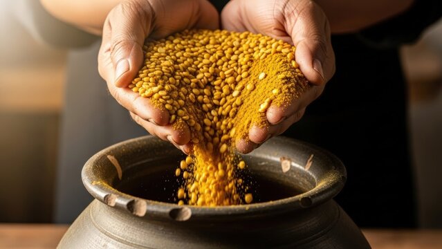 Golden lentils and turmeric spice cascade from cupped hands into a dark, rustic clay pot - Powered by Adobe