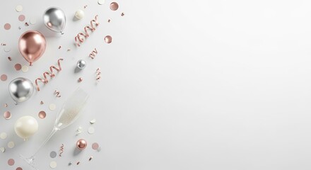 Fototapeta premium A festive table setting with balloons, confetti, and a champagne flute on a white background.