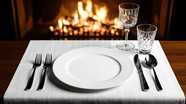 Formal place setting with empty plate near a burning fireplace