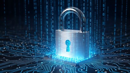 A digital padlock glows with blue light, symbolizing cybersecurity and data protection amidst a network of circuits and falling binary code.