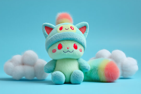 A cute, little plush toy: a three-dimensional doll with fluffy fur and bright colors