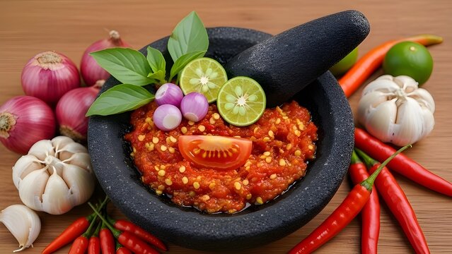 traditional Indonesian sambal terasi served in a dark stone mortar (cobek). The vibrant red chili paste shows crushed chili seeds and coarse texture