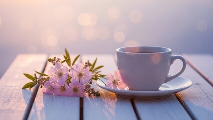 Cozy white cup and saucer with delicate pink blossoms on a wooden table, soft bokeh background