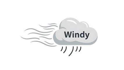 A grey cloud with the word "Windy" and lines indicating strong wind blowing across a white background.